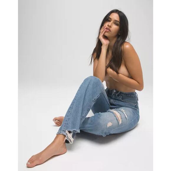 Good American Good Boy Distressed Boyfriend Jeans in Blue536 Size 20 - Picture 1 of 11